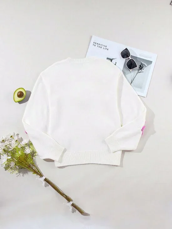 White Casual Women's Cute Elegant Floral Long Sleeve Crew Neck Sweater - Picture 6 of 7